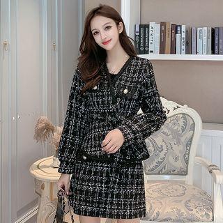 Set: Wrap Tweed Jacket + Mini A-line Skirt + Long-sleeve Knit Top