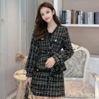Set: Wrap Tweed Jacket + Mini A-line Skirt + Long-sleeve Knit Top