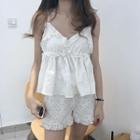 Spaghetti Strap Ruffled Top / Frill Trim Patterned Shorts