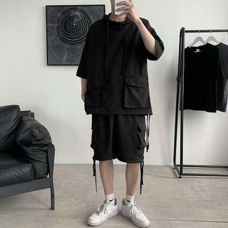 Set: Elbow-sleeve T-shirt + Wide-leg Cargo Shorts