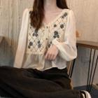 Long-sleeve Floral Embroidered Knit Panel Chiffon Top