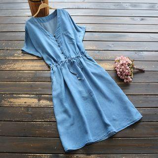 Short-sleeve Denim A-line Dress Blue - One Size