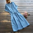 Short-sleeve Denim A-line Dress Blue - One Size