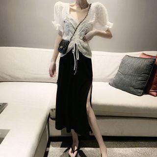 Puff-sleeve Drawstring Chiffon Top / Slit Midi Skirt