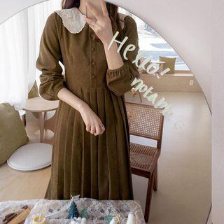 Lace-collar Tie-waist Pleated Long Dress
