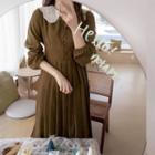 Lace-collar Tie-waist Pleated Long Dress
