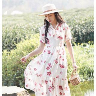 Short-sleeve Flower Print Tie-neck Chiffon Dress