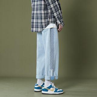 Check Panel Straight Leg Jeans