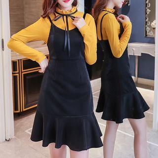 Set: Frill Collar Long-sleeve Top + Spaghetti Strap Dress