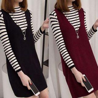 Set: Striped Knit Top + V-neck Pinafore Dress