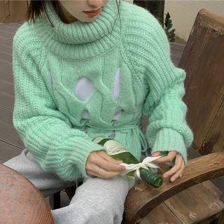 Long-sleeve High-neck Plain Cut-out Knit Sweater Aqua Blue - One Size