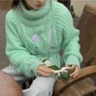 Long-sleeve High-neck Plain Cut-out Knit Sweater Aqua Blue - One Size
