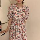 Short-sleeve Floral Print Midi A-line Dress Red & Pink Flowers - White - One Size
