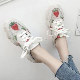 Mesh Panel Strawberry Print Lace-up Mules