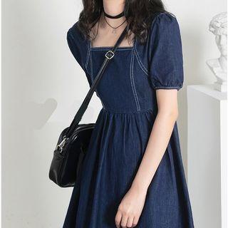 Puff-sleeve Square-neck Midi A-line Denim Dress
