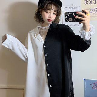 Notch Lapel Two-tone Blouse / Long-sleeve Lace Top