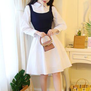 Set: Long-sleeve A-line Collared Dress + Lace-up Back Vest
