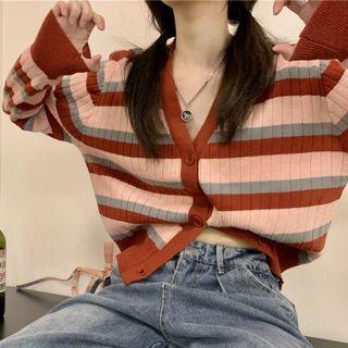 V-neck Striped Cardigan Brick Red & Pink - One Size