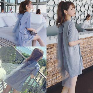 Short-sleeve Mesh Bow T-shirt Dress Light Gray - One Size