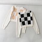 Long Sleeve Plaid Color-block Crop Sweater