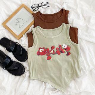 Strawberry Printed Asymmetrical Hem Tank Top
