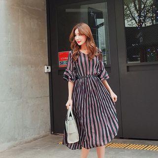 Ruffle-cuff Striped A-line Dress With Belt