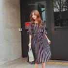 Ruffle-cuff Striped A-line Dress With Belt