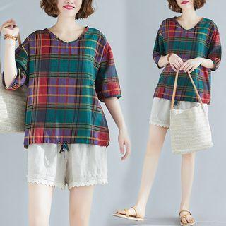 Color Block V-neck Plaid T Shirt Plaid - F