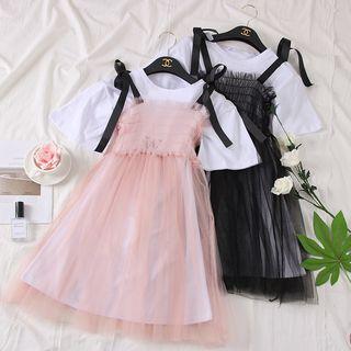 Set : Printed Letter T-shirt + Mesh Sling Dress