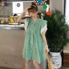 Eyelet Lace Panel Short-sleeve Gingham A-line Shirtdress