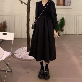 Long Sleeve V-neck Midi Dress Black - One Size