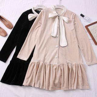 Ribbon-neckline Velvet Midi Shirtdress
