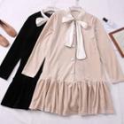 Ribbon-neckline Velvet Midi Shirtdress