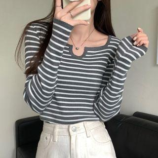 Split-neck Striped Knit Top