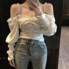 Faux Pearl Cold-shoulder Ruched Blouse