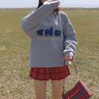 Embroidered Bear Loose-fit Round-neck Sweatshirt Melange Gray - One Size