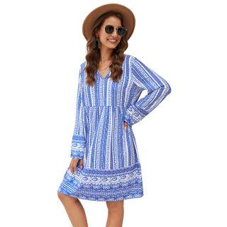 Long-sleeve V Neck Printed Shift Dress