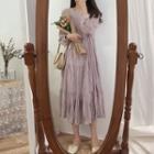 Long-sleeve Ruched Midi Chiffon Dress