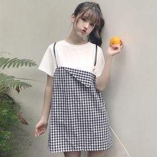 Gingham Short-sleeve Mock Two-piece Dress