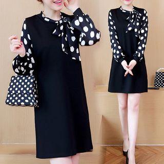 Long-sleeve Dotted Panel Mini Shift Dress