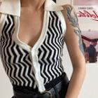 Halter-neck Collared Patterned Sleeveless Knit Top