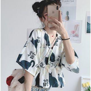 Cat Print Elbow-sleeve Chiffon Top