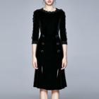 Embroidered 3/4-sleeve Slit A-line Dress