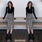 Long-sleeve V-neck T-shirt / Plaid Midi Pencil Skirt