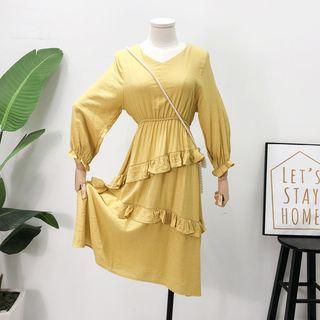 Ruffled-trim V-neck A-line Dress