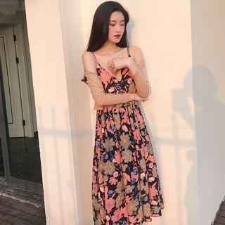 Floral Print Spaghetti Strap Midi Dress / Cropped Cardigan