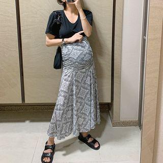 Band-waist Shirred Maxi Paisley Skirt