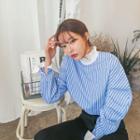 Frill-neck Puff-shoulder Stripe Blouse