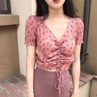 Short-sleeve Floral Drawstring Top Pink - One Size