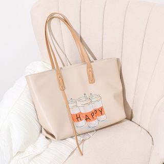 Print Faux Leather Tote Bag Beige - One Size